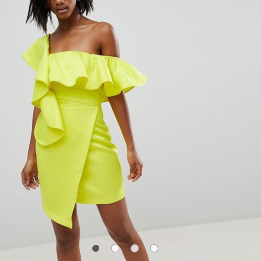 Neon asymmetrical ruffle wrap mini cocktail dress